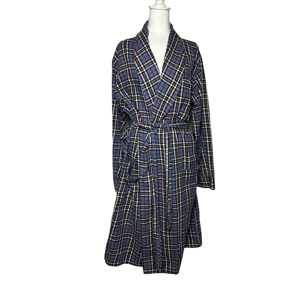 LL Bean Mens Blue Plaid Flannel Robe 100% Cotton Belted Sleepwear Size Small